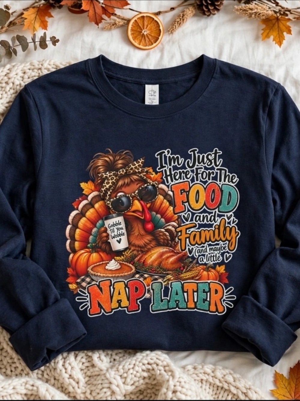 'I'm Just Here for the Food and Family' Thanksgiving Shirt Navy & Gray NWT